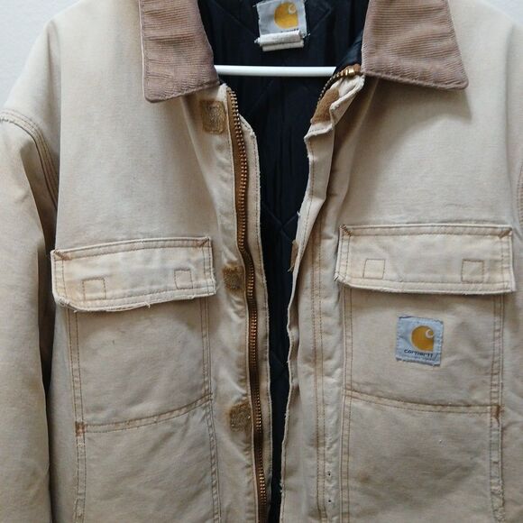 VINTAGE CARHARTT INSULATED DUCK BROWN FADED COAT 44 REGULAR DISTRESSED HOLES CO3 - Picture 3 of 16